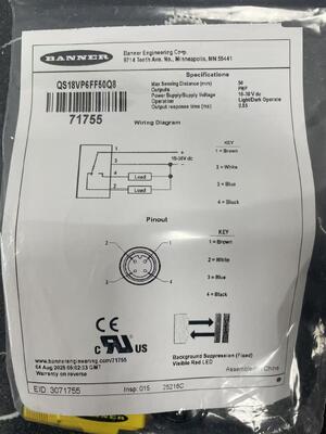 Sensor fotoeléctrico de campo fijo de alta confiabilidad BANNER QS18VP6FF50Q8